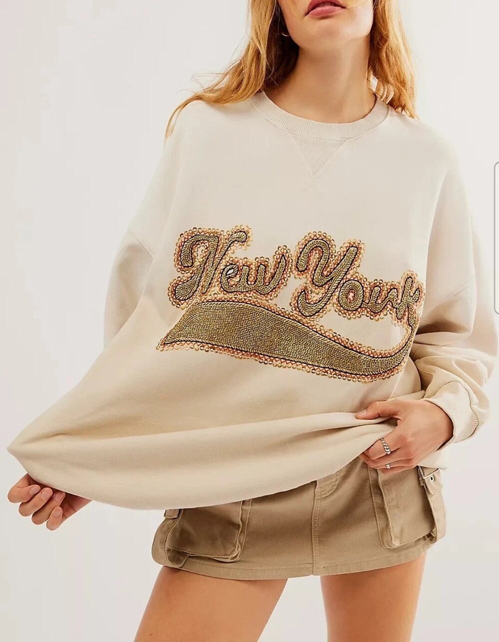 Free People Bali Drifter Oversized New York Embellished Sweatshirt Sz L